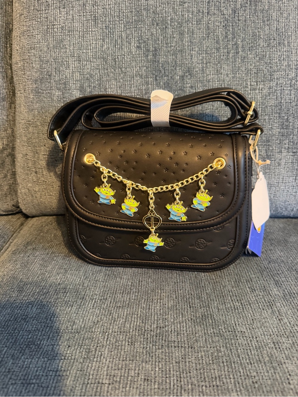 Black Crossbody Bag with Gold Charm Chain and Enamel Alien Accents